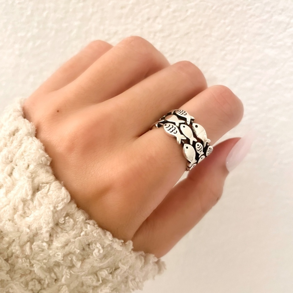 925 Sterling Silver Fish Ring School of Fish Ring Dainty Fish Ring Band - Picture 2 of 9